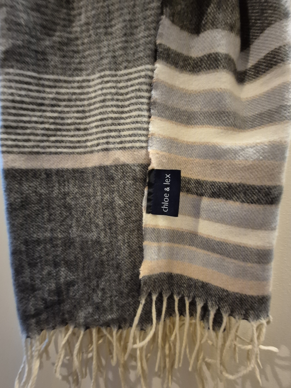 Chloe & Lex Striped Fringe Scarf in Gray and Cream
